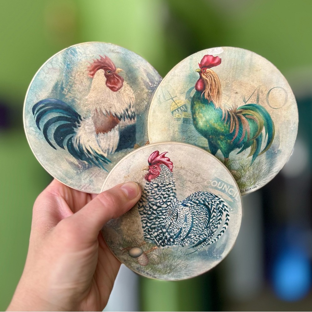 VTG Rustic Farmhouse Rooster Cottagecore Home Corked Back Coasters Set of 3